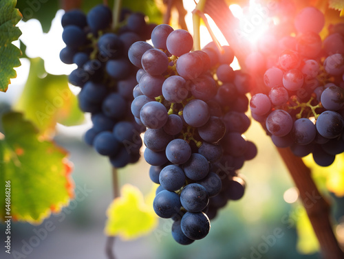 Vines and large bunches of black grapes in a vineyard. The atmosphere of the farm in the morning where the yellowish light of the sunrise and the morning dew on the farm. 