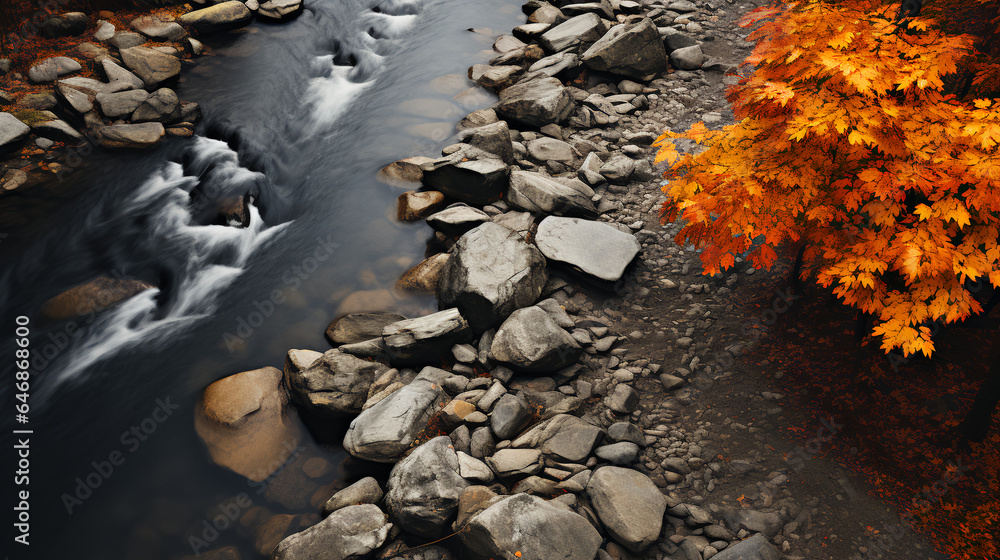Overhead view - drone view - aerial view - river - stream - fall - autumn - peak leaves 