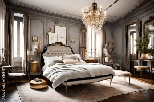 A Parisian chic bedroom with elegant furnishings and vintage accents. © Imtisal