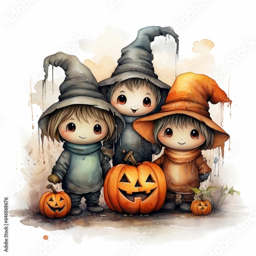 young girls dressed up as a witches on halloween, next to a festive watercolor-painted pumpkin