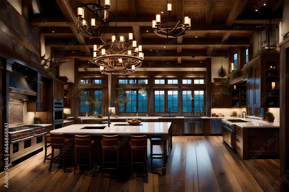 A mountain lodge kitchen with antler chandeliers.