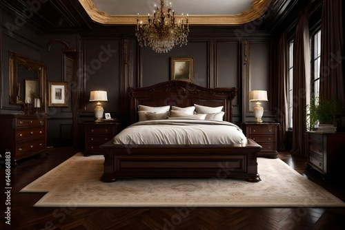 A regal bedroom with ornate crown molding and rich, dark wood.