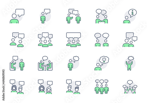 Talking people line icons. Vector illustration include icon - teamwork, business agreement, teamwork, discussion outline pictogram for meeting communication. Green Color, Editable Stroke