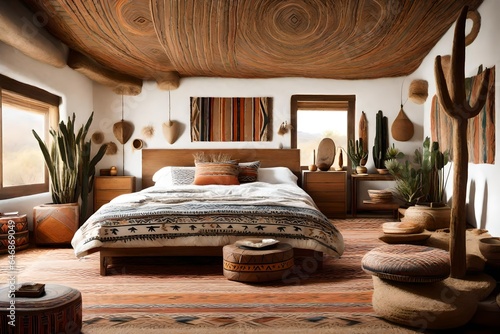 A southwestern bedroom with tribal patterns and desert-inspired decor. photo