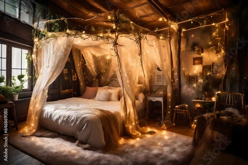 A fairy tale-themed bedroom with a whimsical canopy and fairy lights. © Imtisal