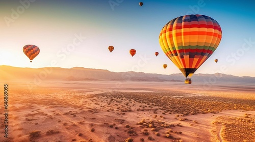 AI generated illustration of colorful hot air balloons floating across desert landscape at sunset © Takseller/Wirestock Creators
