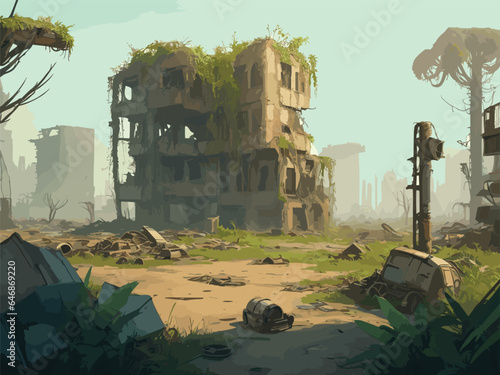 complex vector-style background image depicting a post-apocalyptic wasteland, with crumbling buildings, overgrown vegetation, and hints of a once thriving civilization. 