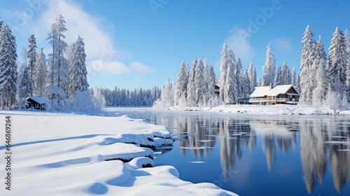 View of beautiful lake in winter. Forest, ground covered in snow.Travel concept