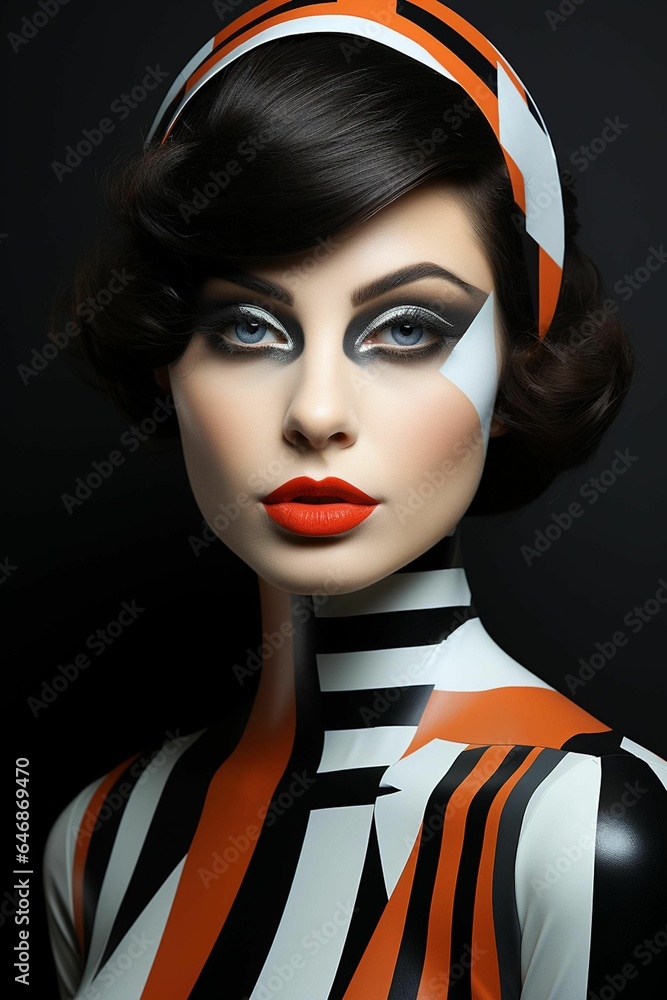 AI generated illustration of a female portrait adored with colorful stripped patterns AI generated illustration of a female portrait adored with colorful stripped patterns