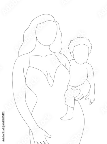 Abstract mother with a child. Minimalistic silhouette of woman holding baby. Mother and child concept. Abstract portrait drawing with lines, quick sketch, motherhood concept.