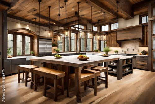 An inviting kitchen with rustic wooden accents and pendant lighting.