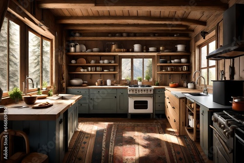 A cozy cabin kitchen with a wood-burning stove.