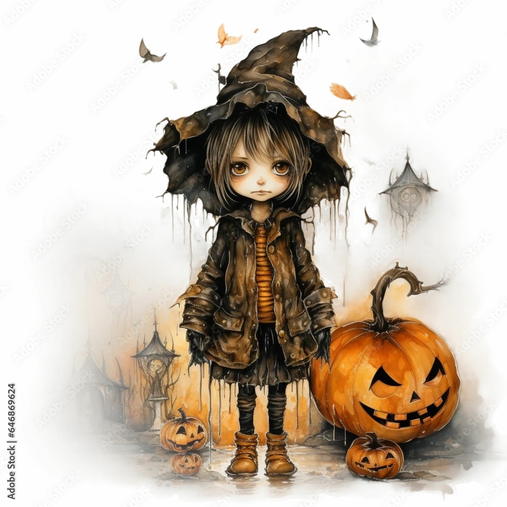 Fototapeta premium a young girl dressed up as a witch on halloween, next to a festive watercolor-painted pumpkin