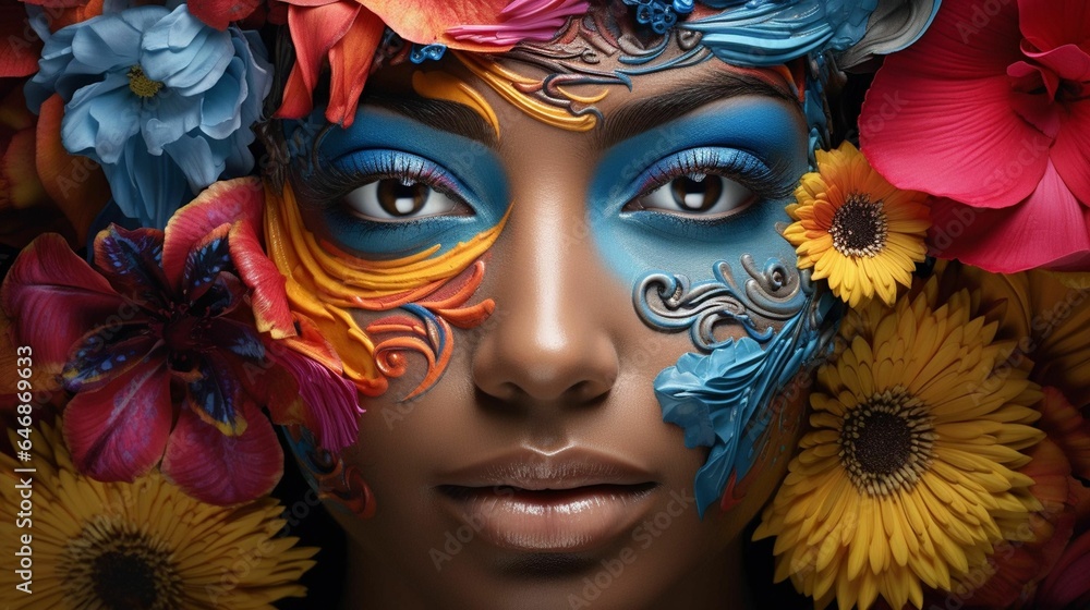 AI generated illustration of a beautiful woman's portrait adorned with vibrant flowers AI generated illustration of a beautiful woman's portrait adorned with vibrant flowers