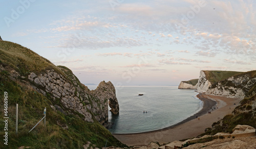 Most Beautiful View of British Landscape and Sea View of Durdle Door Beach of England Great Britain, UK. Image Was captured with Drone's camera on September 9th, 2023