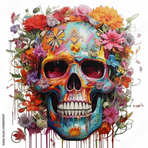 AI generated illustration of a colorful hippie-style skull isolated on a white background