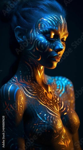 AI generated illustration of a close up portrait of a woman with a bright blue painted face