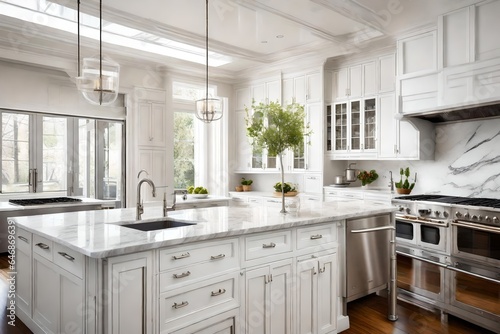 A pristine, sunlit kitchen with marble countertops and stainless steel appliances.