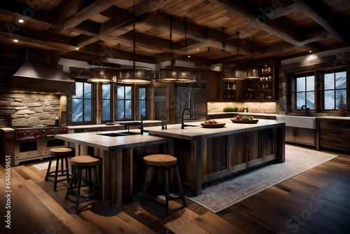 A mountain cabin kitchen with rustic wood and stone elements.