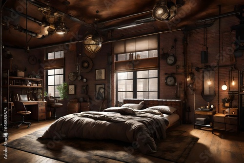A steampunk-inspired bedroom with industrial details and leather.
