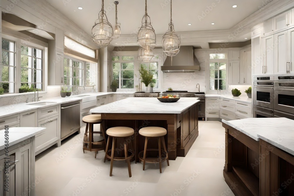 A spacious kitchen with a double island for ample prep space. A spacious kitchen with a double island for ample prep space.