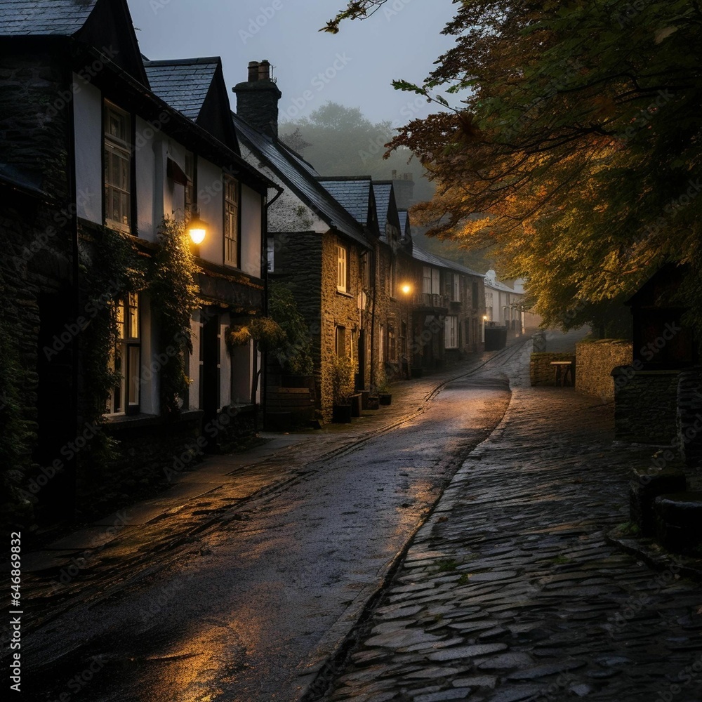 AI generated illustration of a tranquil scene of a narrow street in a village at dusk