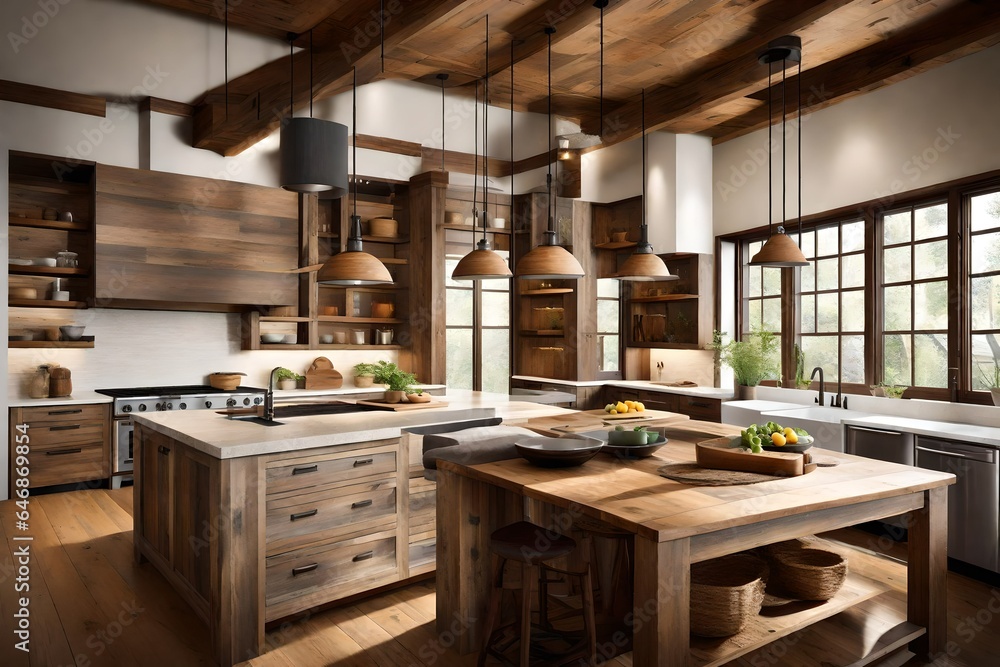 An inviting kitchen with rustic wooden accents and pendant lighting.