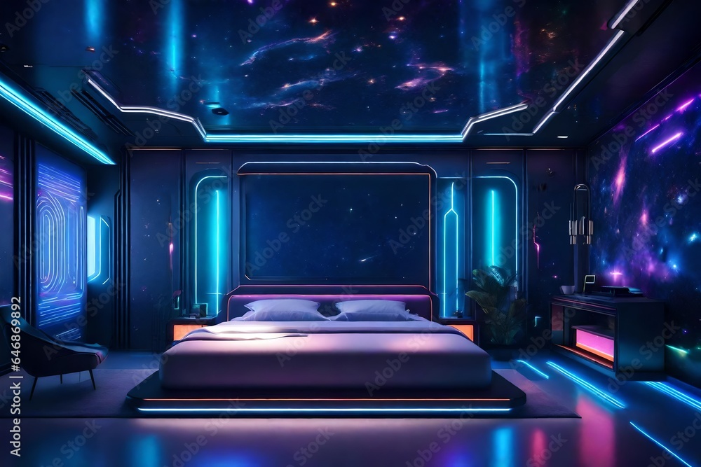 A space-themed bedroom with cosmic wallpaper and futuristic furniture. A space-themed bedroom with cosmic wallpaper and futuristic furniture.