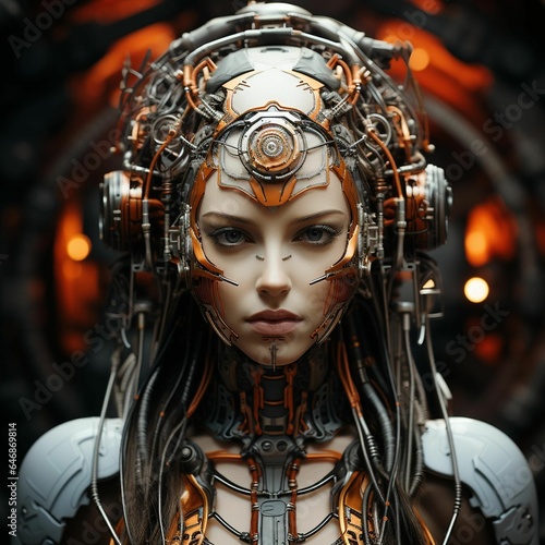 Portrait of a woman with a futuristic metal face mask, Ai-generated.