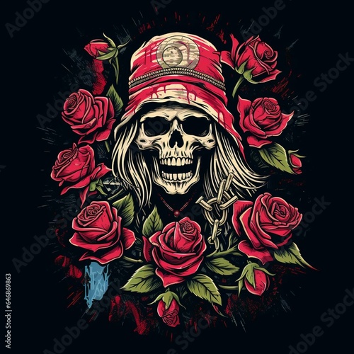 AI generated illustration of a human skull with roses on a dark background