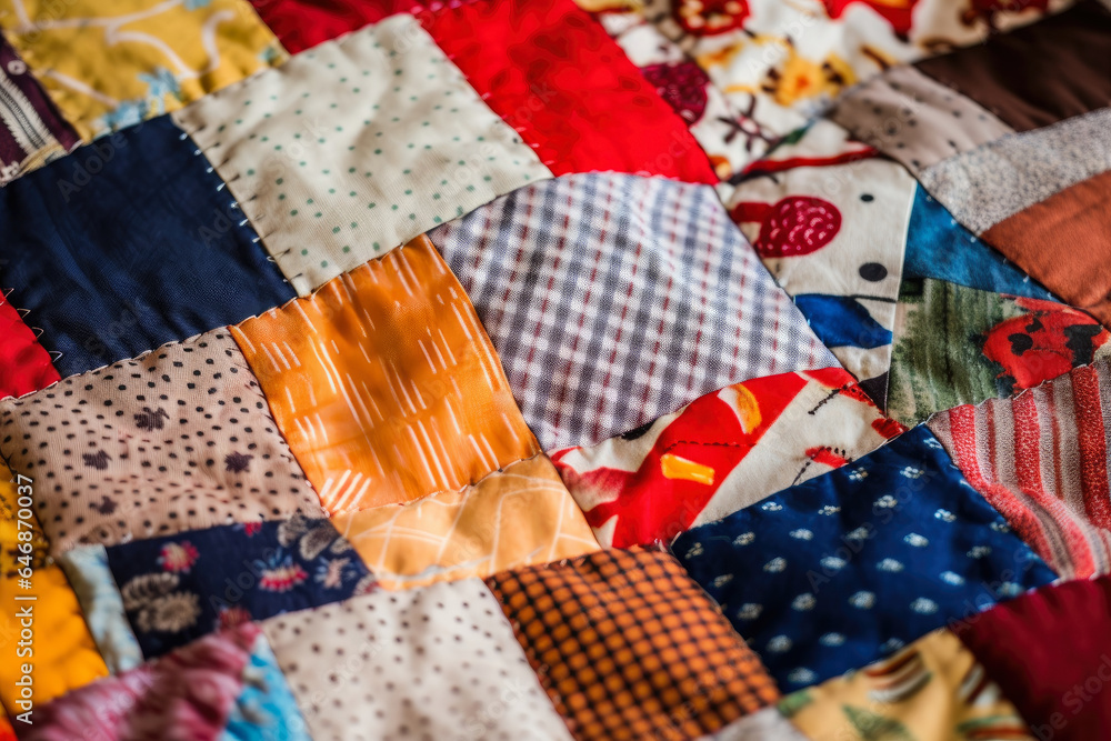A Colorful and Intricate Close-Up of a Handmade Patchwork Quilt Revealing a Textured Background with Detailed Geometric Patterns and Hand-Sewn Stitches. A Colorful and Intricate Close-Up of a Handmade Patchwork Quilt Revealing a Textured Background with Detailed Geometric Patterns and Hand-Sewn Stitches.