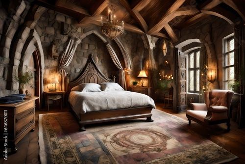 A fairy tale castle bedroom with medieval-inspired furnishings.