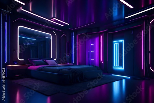 A futuristic bedroom with high-tech lighting and automation.