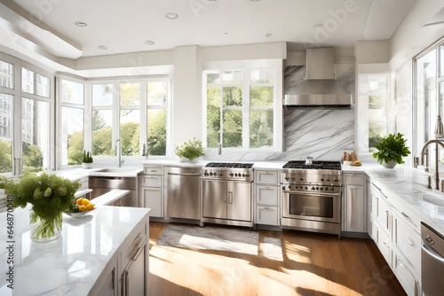 A pristine  sunlit kitchen with marble countertops and stainless steel appliances.