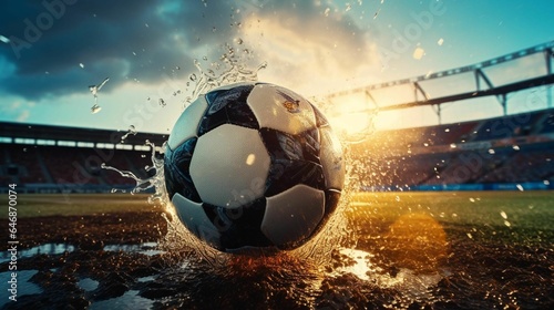 AI generated illustration of a soccer ball floating on top of a grass in a water puddle © Imagination Stock/Wirestock Creators