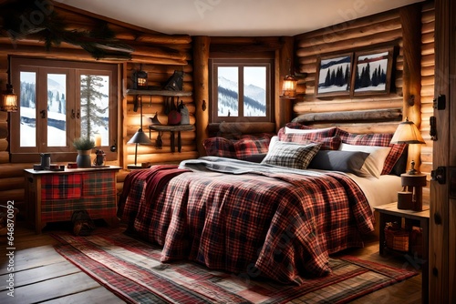 An alpine ski cabin bedroom with cozy plaid and ski lodge decor. © Imtisal