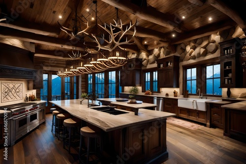 A mountain lodge kitchen with antler chandeliers. © Imtisal