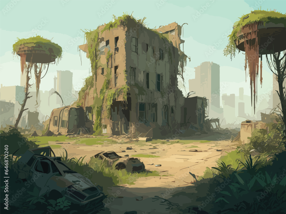 complex vector-style background image depicting a post-apocalyptic wasteland, with crumbling buildings, overgrown vegetation, and hints of a once thriving civilization.