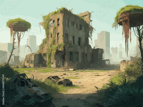 Obraz na płótnie complex vector-style background image depicting a post-apocalyptic wasteland, with crumbling buildings, overgrown vegetation, and hints of a once thriving civilization. w salonie