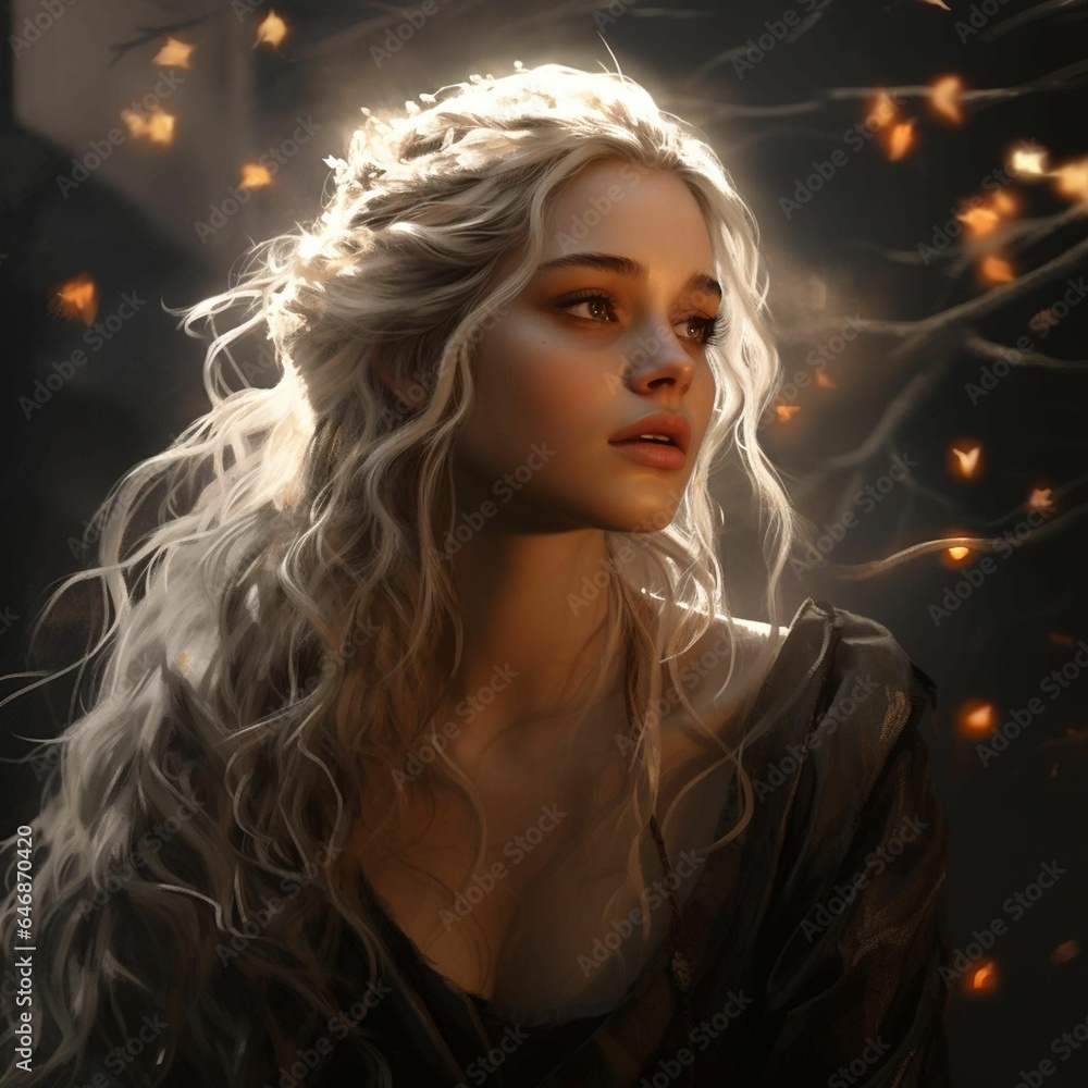 Cheerful young woman with long blonde curly hair illuminated in a magical setting. Ai generated