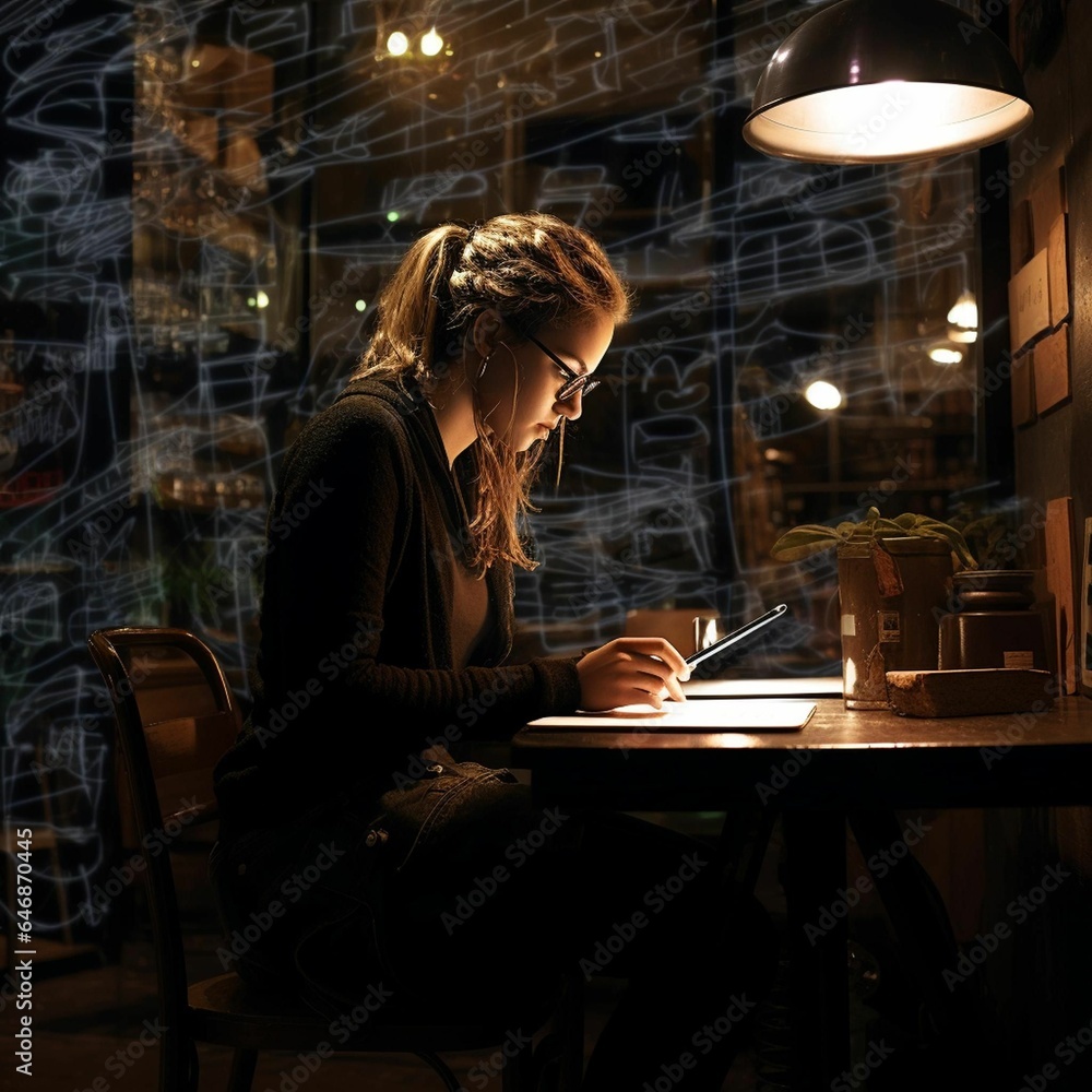 AI generated illustration of a young adult woman seated at a wooden desk, using her phone AI generated illustration of a young adult woman seated at a wooden desk, using her phone