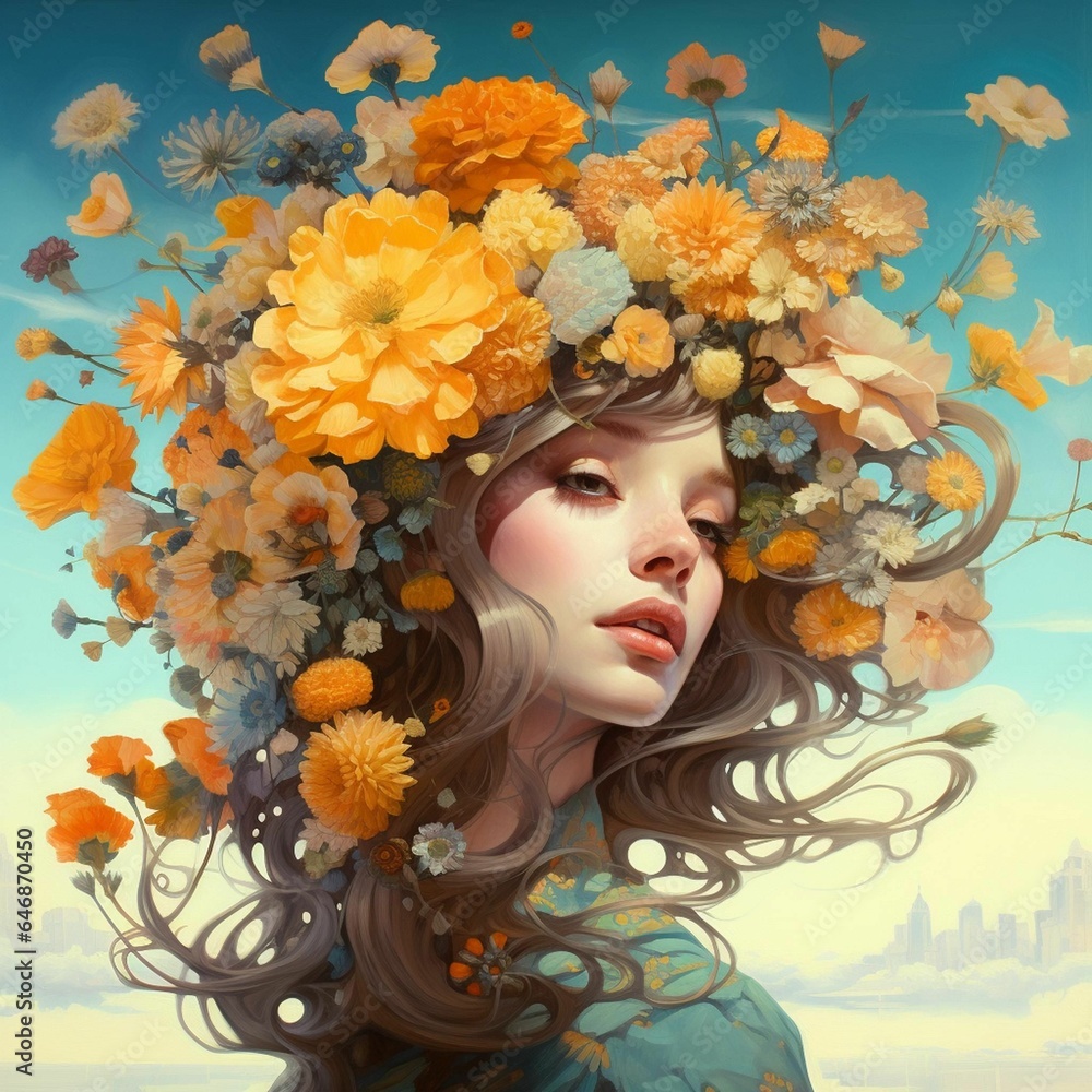 AI generated illustration of a young woman with a crown of flowers on her head