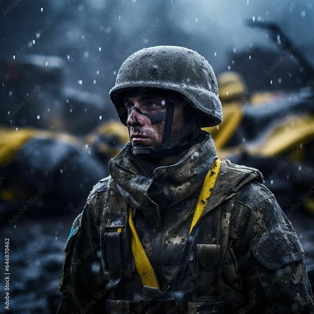 Naklejka premium A soldier in the rain wearing all terrain clothing