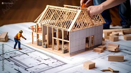 mini wooden house design with blueprint consept. photo