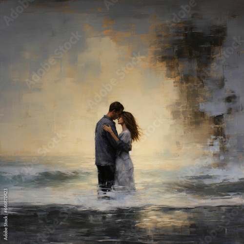AI generated illustration of an oil painting of a couple in an embrace