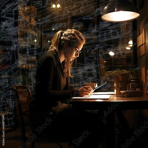 AI generated illustration of a young adult woman seated at a wooden desk, using her phone