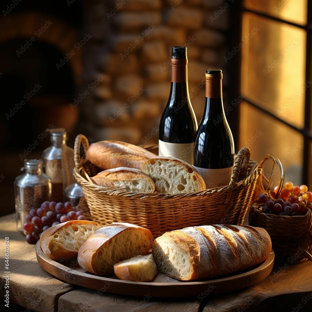 Two bottles of red wine, and loaves of bread on a rustic wooden table, AI-generated.