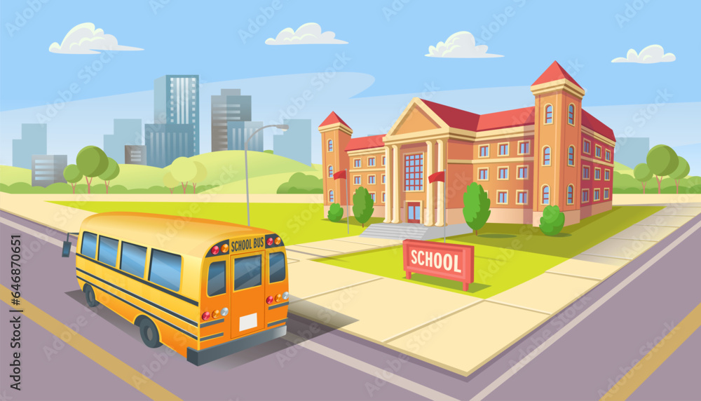 SCHOOL BUILDING with a yellow school bus in perspective. SCHOOL BUILDING with a yellow school bus in perspective.