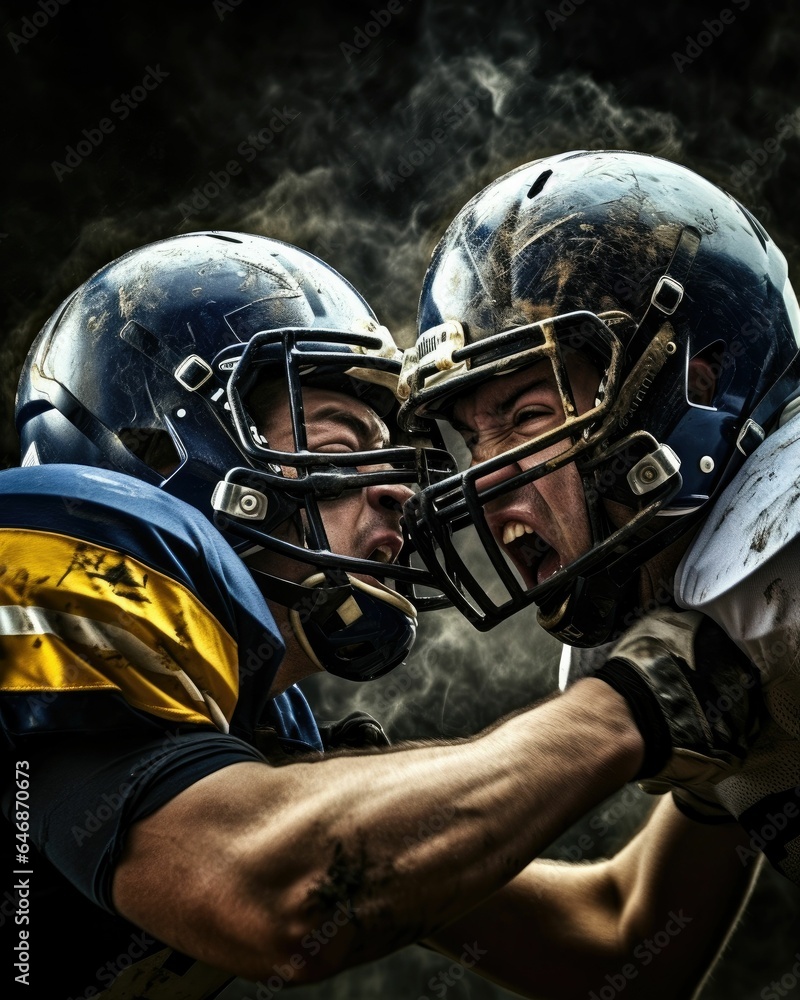 AI generated illustration of the epic helmet clash of linemen of an American football game AI generated illustration of the epic helmet clash of linemen of an American football game
