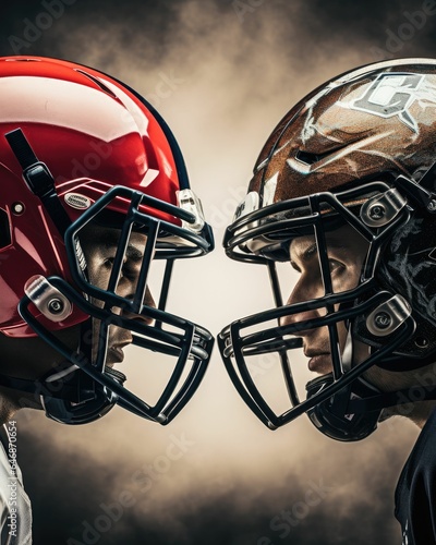 AI generated illustration of the epic helmet clash of linemen of an American football game © Iwaraxe/Wirestock Creators
